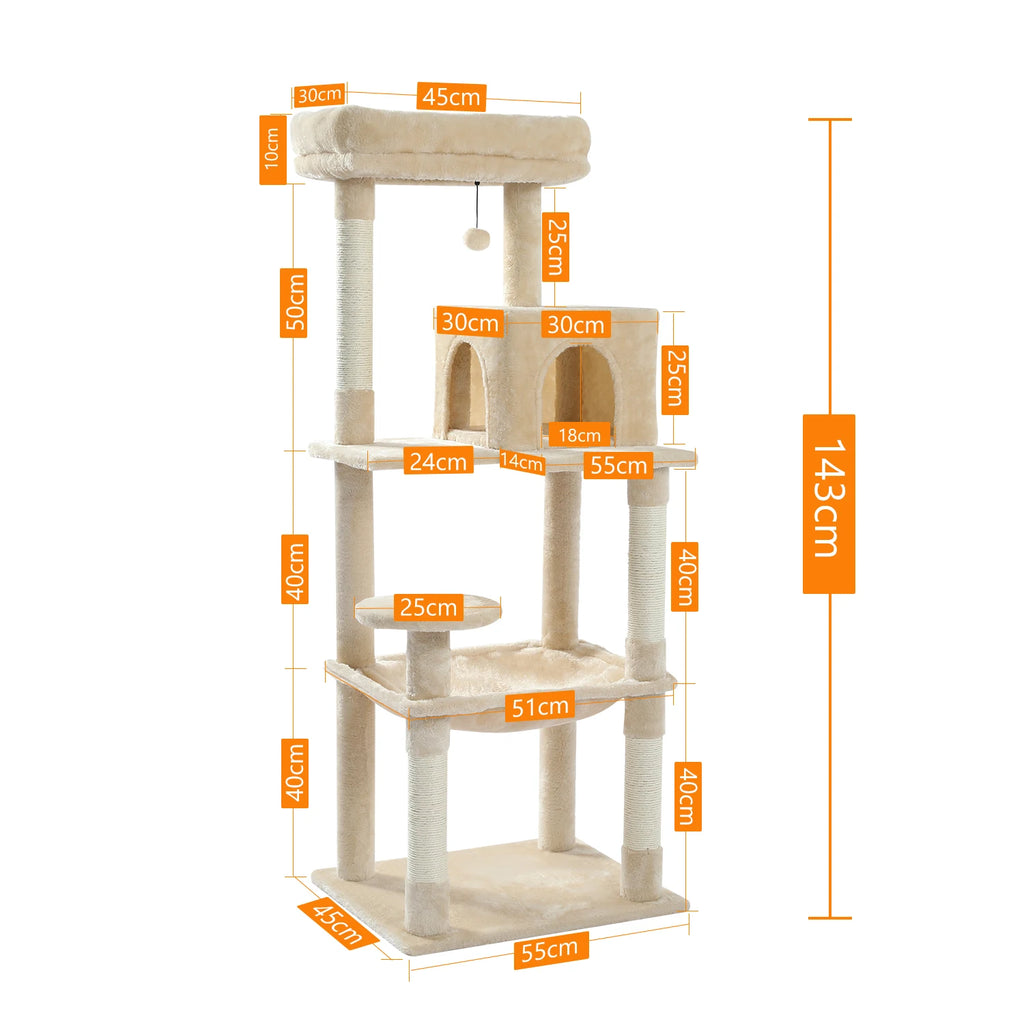 5-Level Cat Tree Tower – Large Hammock, Sisal Posts & Cozy Condo